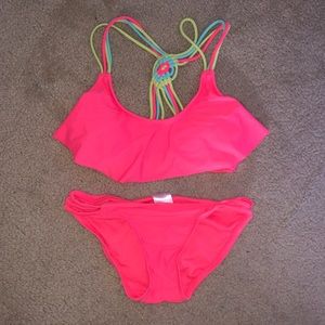 Coral pink bikini set//green, blue, pink back
